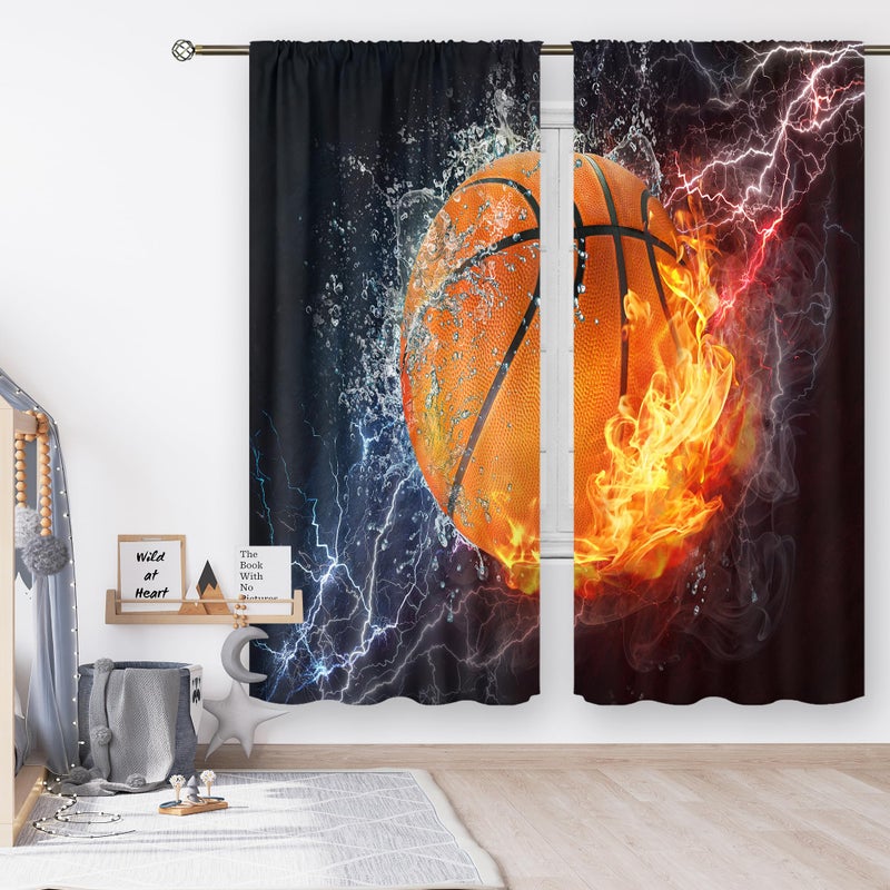 Cinbloo Sports Curtains for Boys Bedroom 42W x 63L Inch Rod Pocket Kids Basketball Curtains Cool Basketball Wall Art for Men Abstract Flame Decor Teenagers Living Room Window Drapes Fabric 2 Panels - Image 2